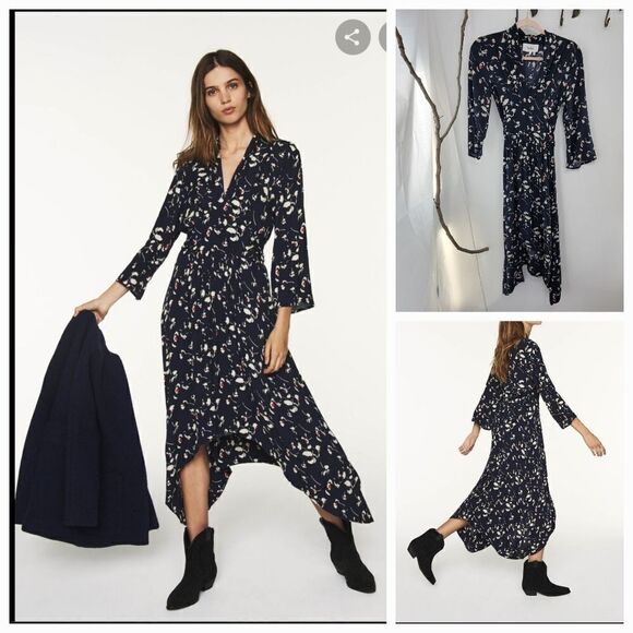 Ba&Sh silia tie waist midi dress marine handkerchief hem - Picture 1 of 16